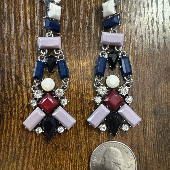 Silver Tone Blue Purple White Black Rhinestone Dangle Drop Earrings Statement - Picture 2 of 3